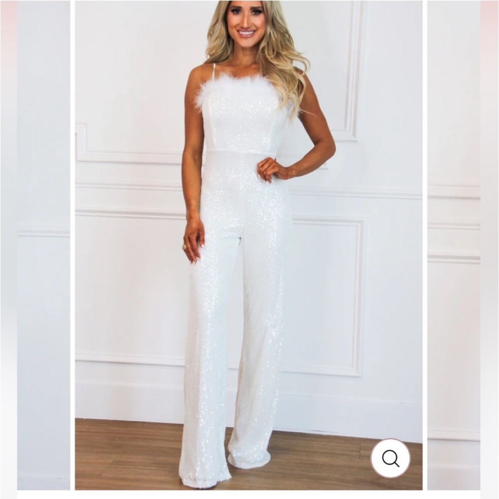 Bella and Bloom White HIT THE LIGHTS SEQUIN FEATHER JUMPSUIT
